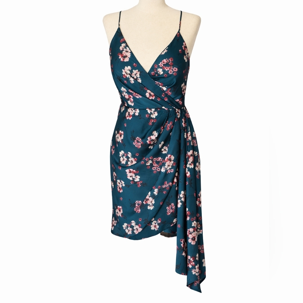 DJ‎ JAZ Green Floral Faux Wrap Mini Dress Cherry Blossom Scuba Cocktail sz 5